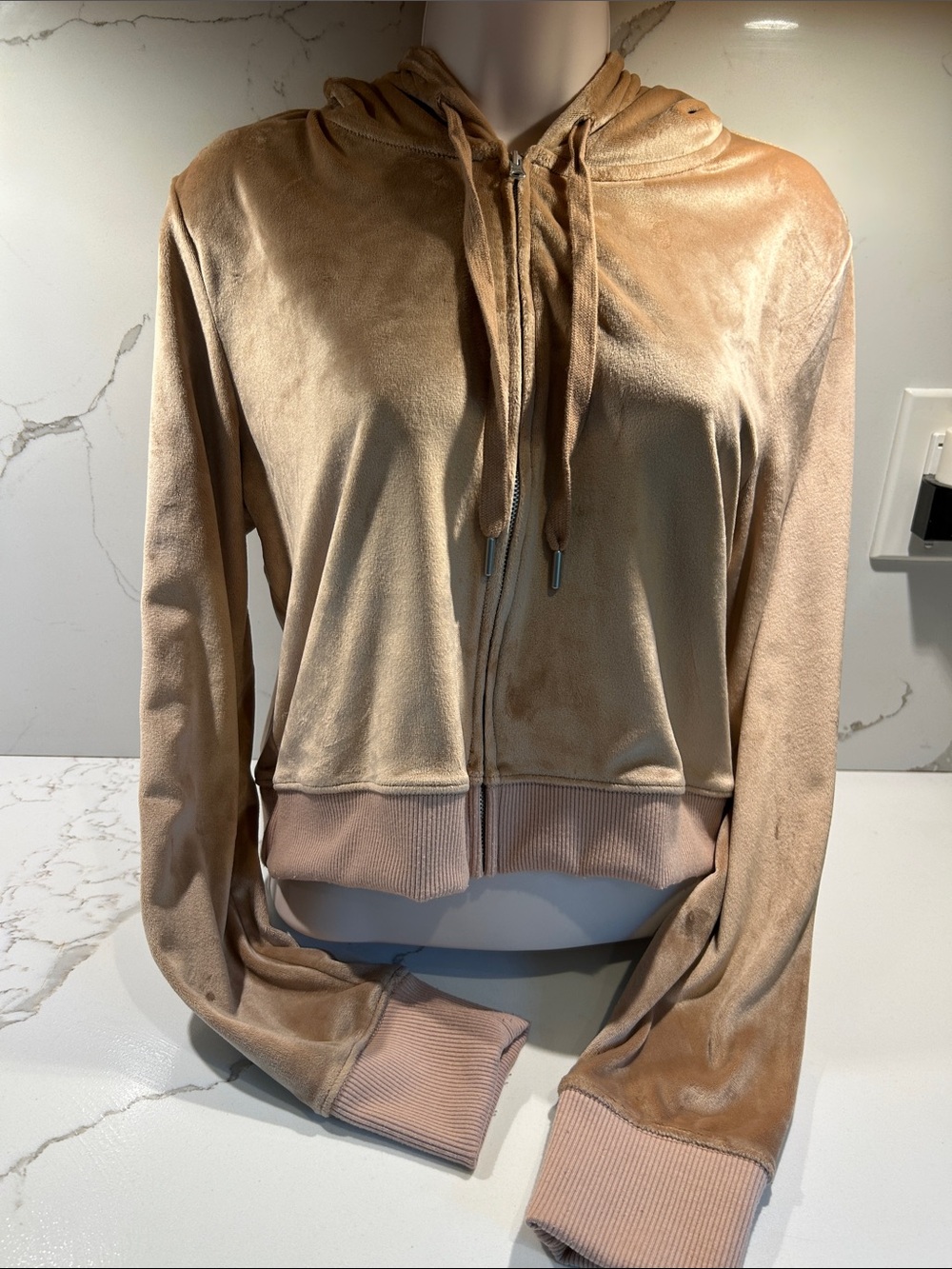 aerie Plush Zip Cropped Hoodie in Light Beige